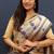 Beige gold silk blend saree with navy blue floral zari weaving & rich brocade pallu