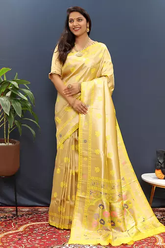 Beige gold silk blend saree with yellow floral zari weaving & rich brocade pallu