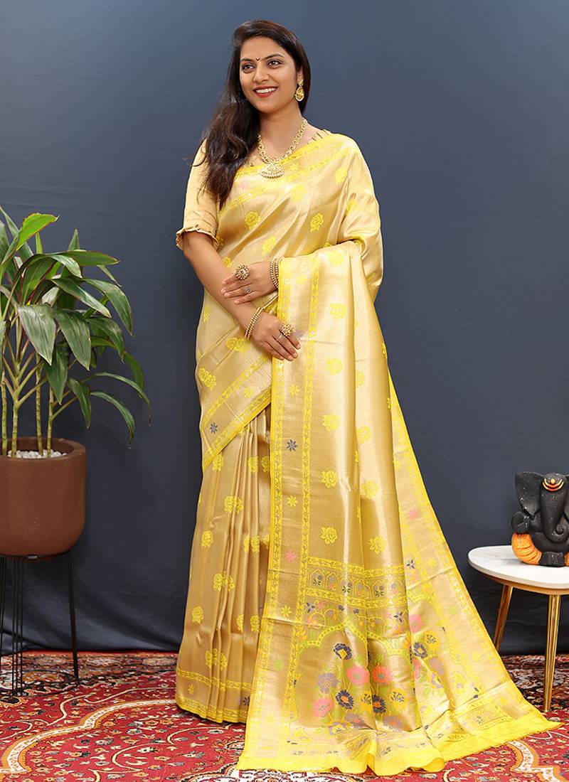 Beige gold silk blend saree with yellow floral zari weaving & rich brocade pallu