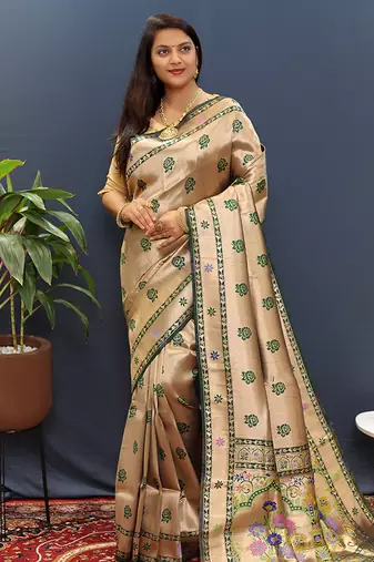 Gold silk blend saree with dark green floral zari weaving & rich brocade pallu