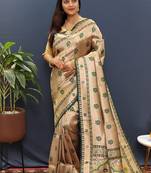 Gold silk blend saree with dark green floral zari weaving & rich brocade pallu