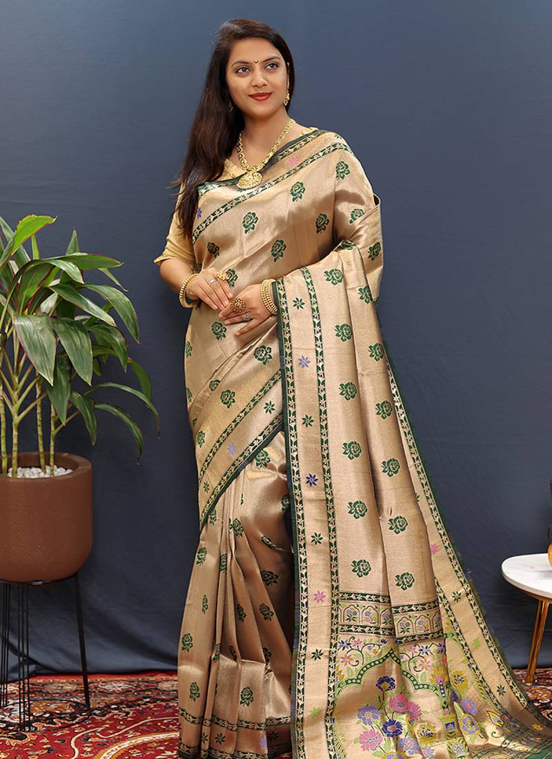 Gold silk blend saree with dark green floral zari weaving & rich brocade pallu