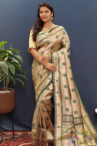 Gold silk blend saree with dark green floral zari weaving & rich brocade pallu