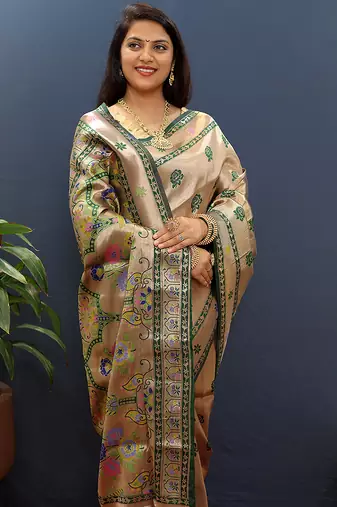 Gold silk blend saree with dark green floral zari weaving & rich brocade pallu