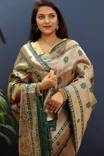 Gold silk blend saree with dark green floral zari weaving & rich brocade pallu