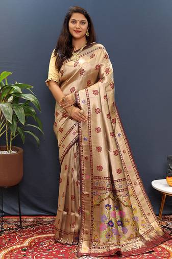 Gold silk blend saree with maroon floral zari weaving & rich brocade pallu