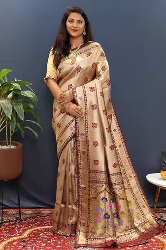Gold silk blend saree with maroon floral zari weaving & rich brocade pallu