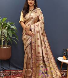 Gold silk blend saree with maroon floral zari weaving & rich brocade pallu