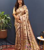 Gold silk blend saree with maroon floral zari weaving & rich brocade pallu