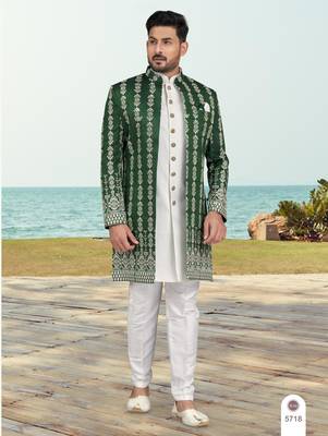 Green & off white colour full computer amrodery two pice sherwani set with thred  work with fancy botton 1