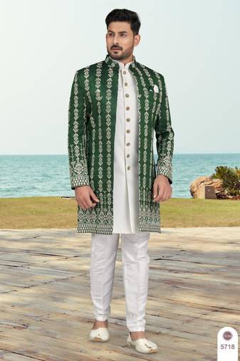 Green & off white colour full computer amrodery two pice sherwani set with thred  work with fancy botton