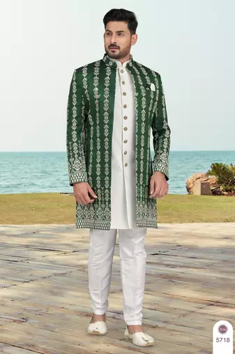 Green & off white colour full computer amrodery two pice sherwani set with thred  work with fancy botton