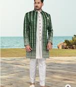 Green & off white colour full computer amrodery two pice sherwani set with thred  work with fancy botton