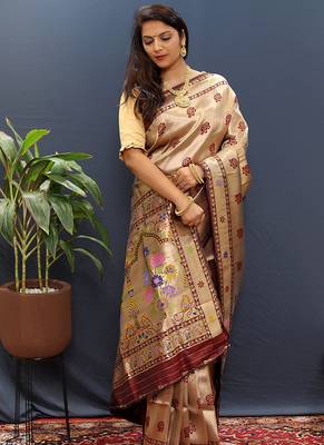 Gold silk blend saree with maroon floral zari weaving & rich brocade pallu 2