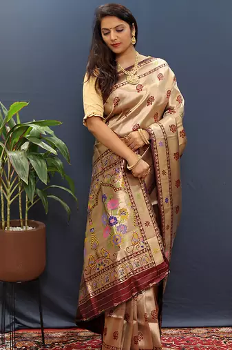 Gold silk blend saree with maroon floral zari weaving & rich brocade pallu