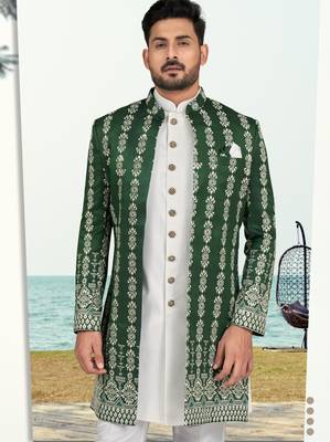 Green & off white colour full computer amrodery two pice sherwani set with thred  work with fancy botton 2