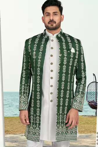 Green & off white colour full computer amrodery two pice sherwani set with thred  work with fancy botton