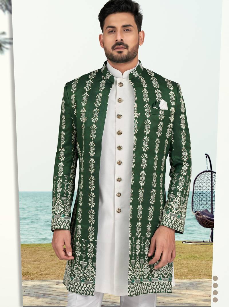 Green & off white colour full computer amrodery two pice sherwani set with thred  work with fancy botton