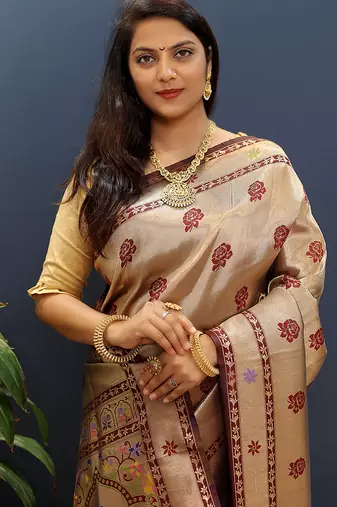 Gold silk blend saree with maroon floral zari weaving & rich brocade pallu