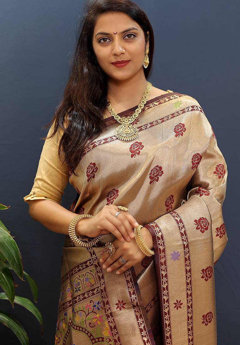 Gold silk blend saree with maroon floral zari weaving & rich brocade pallu