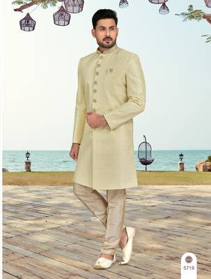 Light lemon colour full computer amrodery sherwani set with thred and stone work with handwork botton, collar 1
