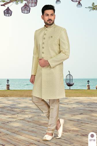 Light lemon colour full computer amrodery sherwani set with thred and stone work with handwork botton, collar