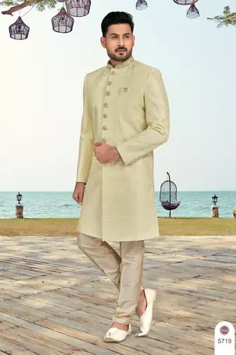Light lemon colour full computer amrodery sherwani set with thred and stone work with handwork botton, collar