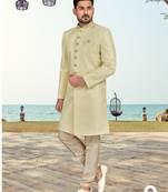 Light lemon colour full computer amrodery sherwani set with thred and stone work with handwork botton, collar