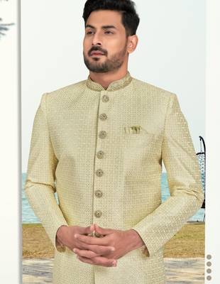 Light lemon colour full computer amrodery sherwani set with thred and stone work with handwork botton, collar 2