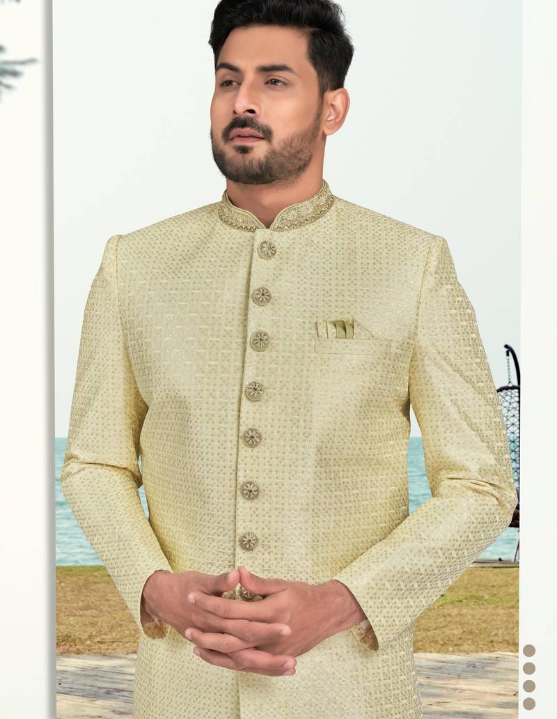 Light lemon colour full computer amrodery sherwani set with thred and stone work with handwork botton, collar