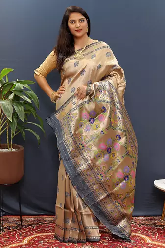 Gold silk blend saree with grey floral zari weaving & rich brocade pallu