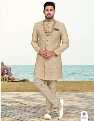 Foun colour full computer amrodery two pice sherwani set with thred  work with fancy botton 1