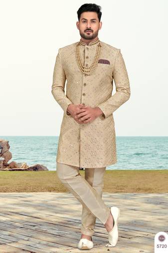 Foun colour full computer amrodery two pice sherwani set with thred  work with fancy botton