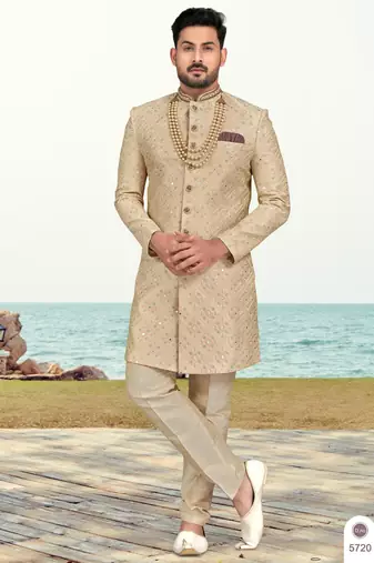 Foun colour full computer amrodery two pice sherwani set with thred  work with fancy botton