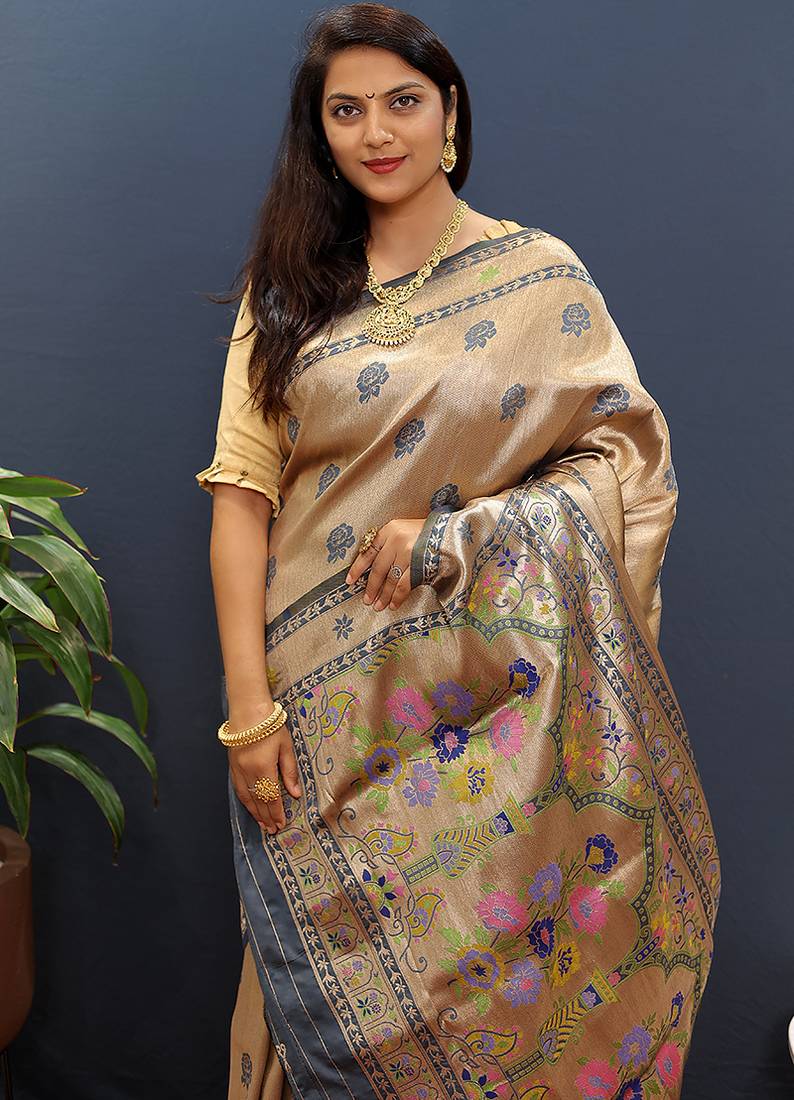 Gold silk blend saree with grey floral zari weaving & rich brocade pallu