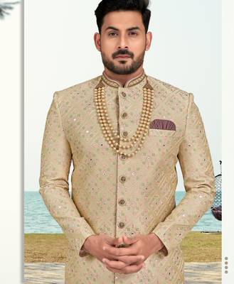Foun colour full computer amrodery two pice sherwani set with thred  work with fancy botton 2