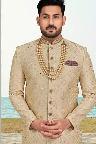Foun colour full computer amrodery two pice sherwani set with thred  work with fancy botton