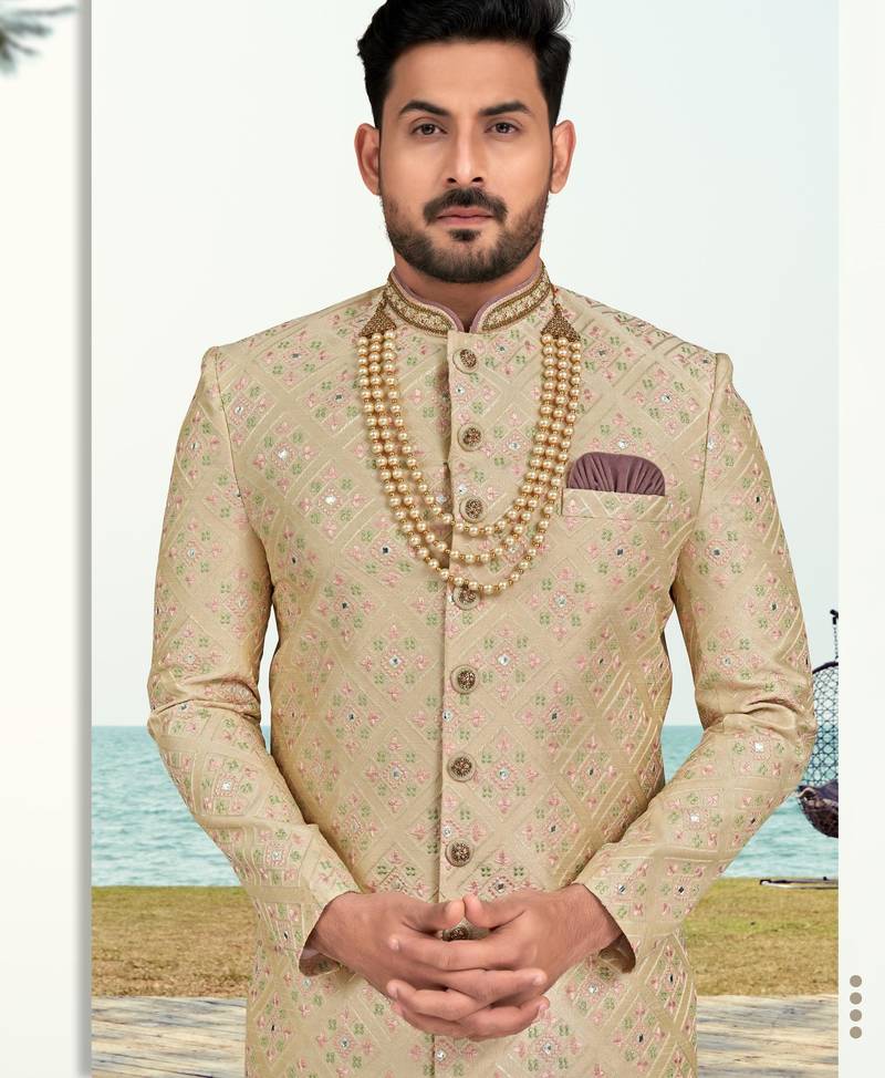 Foun colour full computer amrodery two pice sherwani set with thred  work with fancy botton