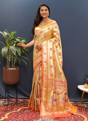 Beige gold silk blend saree with orange floral zari weaving & rich brocade pallu 1