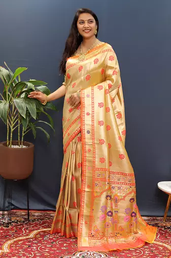 Beige gold silk blend saree with orange floral zari weaving & rich brocade pallu