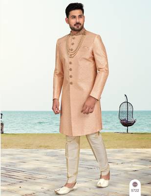 Peach colour full computer amrodery sherwani set with thred and stone work with handwork botton, collar 1