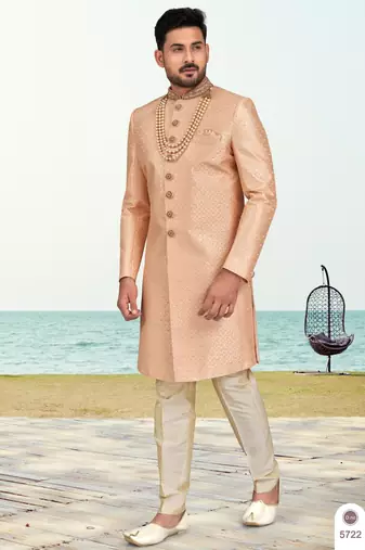 Peach colour full computer amrodery sherwani set with thred and stone work with handwork botton, collar