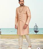 Peach colour full computer amrodery sherwani set with thred and stone work with handwork botton, collar