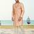 Peach colour full computer amrodery sherwani set with thred and stone work with handwork botton, collar