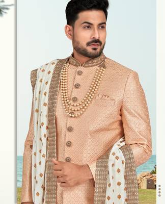 Peach colour full computer amrodery sherwani set with thred and stone work with handwork botton, collar 2