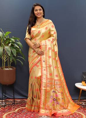 Beige gold silk blend saree with orange floral zari weaving & rich brocade pallu 2