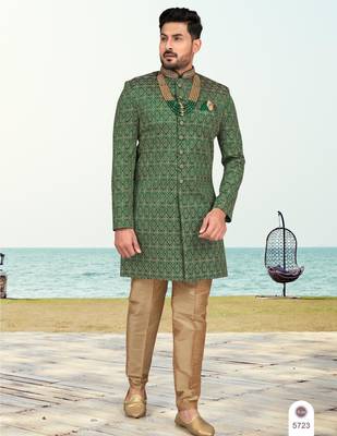 Green colour full computer amrodery sherwani set with thred and stone work with handwork botton, collar 1