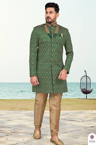 Green colour full computer amrodery sherwani set with thred and stone work with handwork botton, collar
