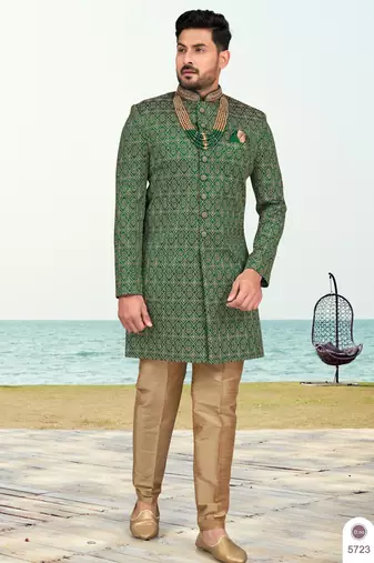 Green colour full computer amrodery sherwani set with thred and stone work with handwork botton, collar