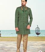 Green colour full computer amrodery sherwani set with thred and stone work with handwork botton, collar